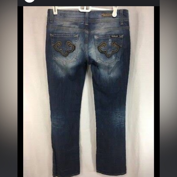 REROCK FOR EXPRESS Dark Blue Boot Cut Distressed Button Flap Pocket Jeans 8 - Picture 6 of 6